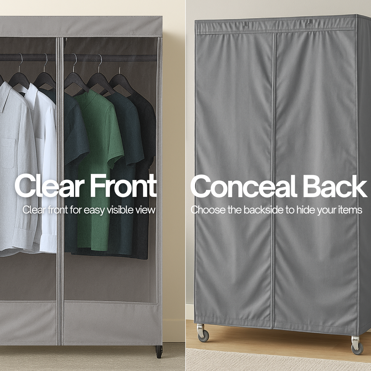 Garment Rack Cover – Protective Fabric Cover for Wire Closet Racks | See-Through & Charcoal Grey | 30-72 inches