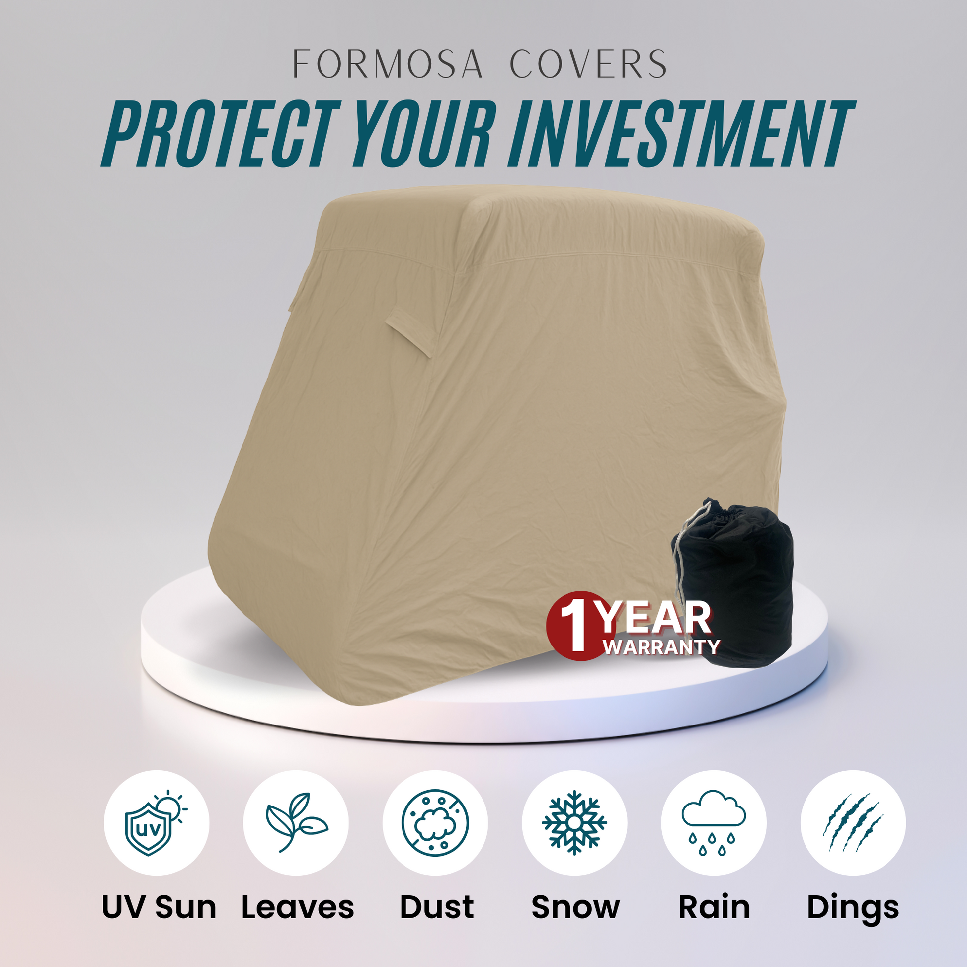 Golf Cart Storage Cover for EZGO, Club Car & Yamaha – Taupe Heavy-Duty Waterproof UV-Treated Polyester for 2, 4, and 6-Passenger Carts (Fits Roofs 58"–140")