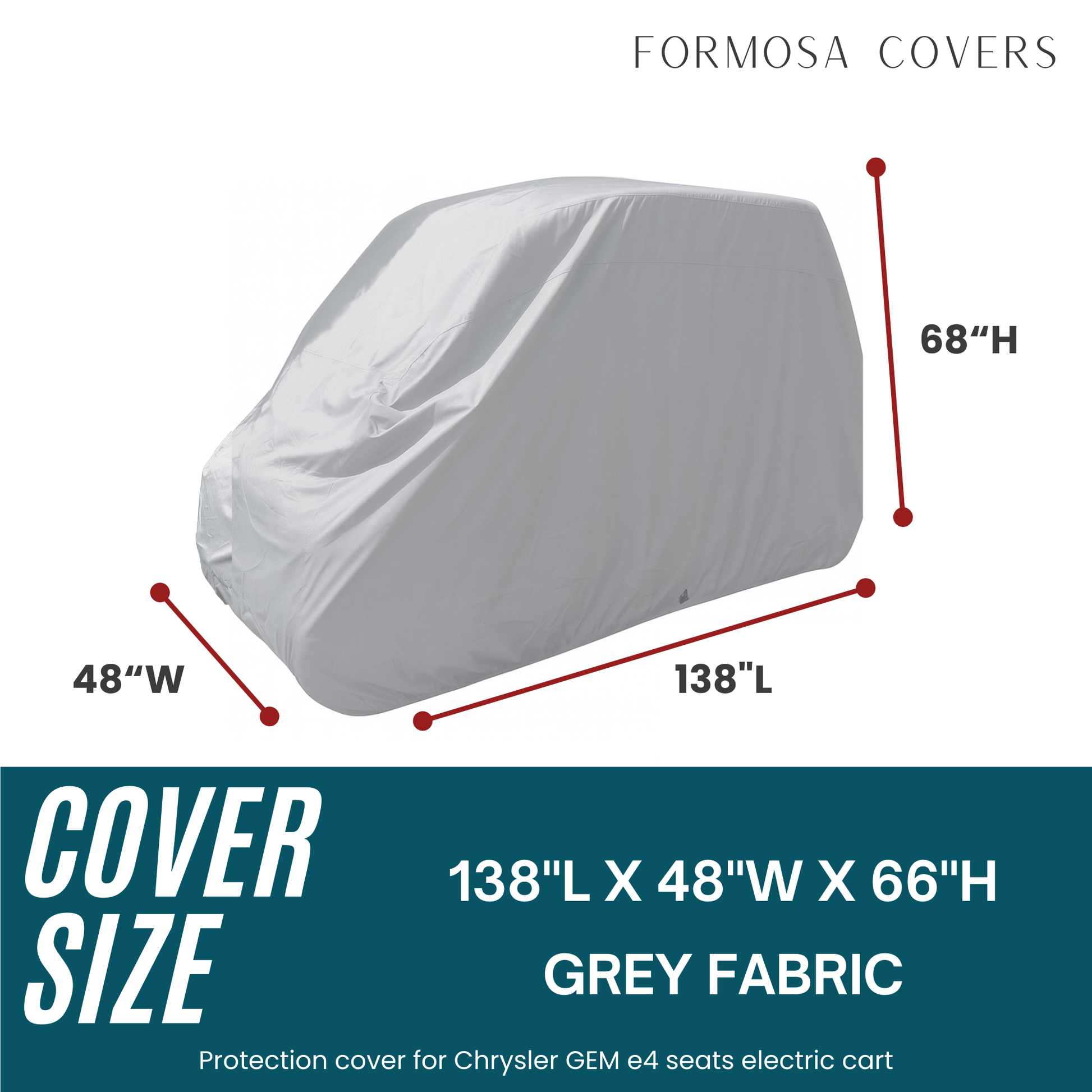 Gray cover with dimensions for a Chrysler GEM e4 seats electric cart, branded as Formosa Covers.