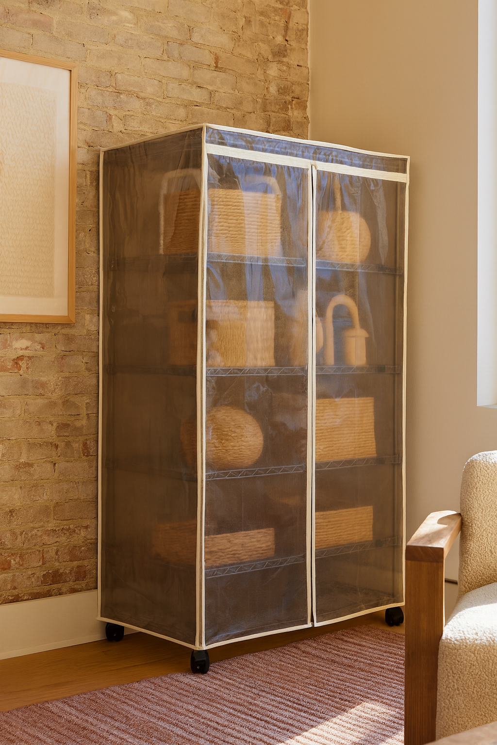 Clear storage wire shelf rack cover PVC Mesh panel cabinet with wicker baskets inside, placed against a wall in a room.