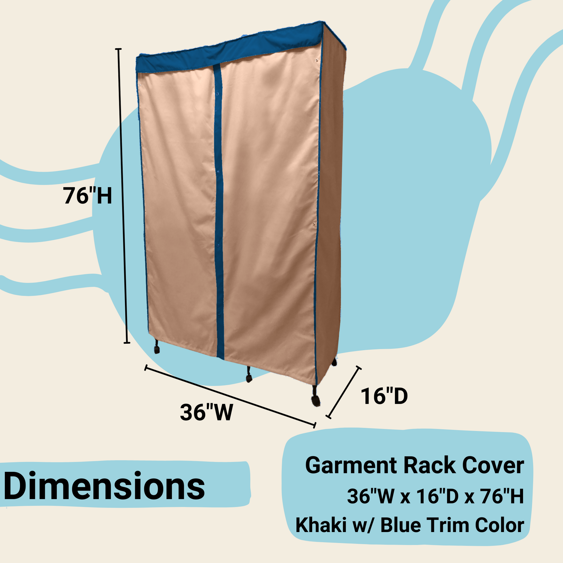 Portable Garment Rack Cover 36"W x 16"D x 76"H Khaki with Dusty Blue Trim.