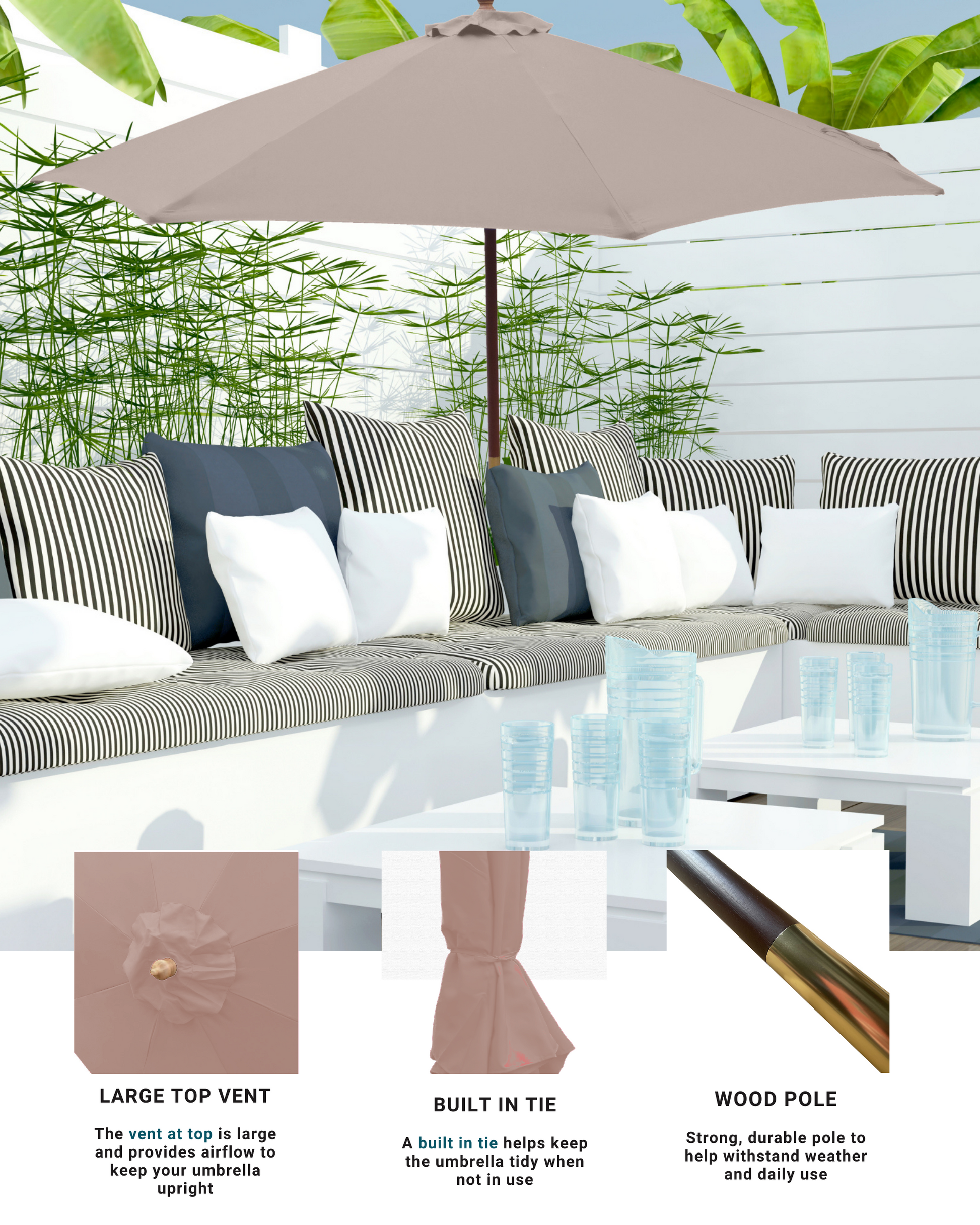 7ft Standard Wooden Market Patio Umbrella with Tilt Mechanism