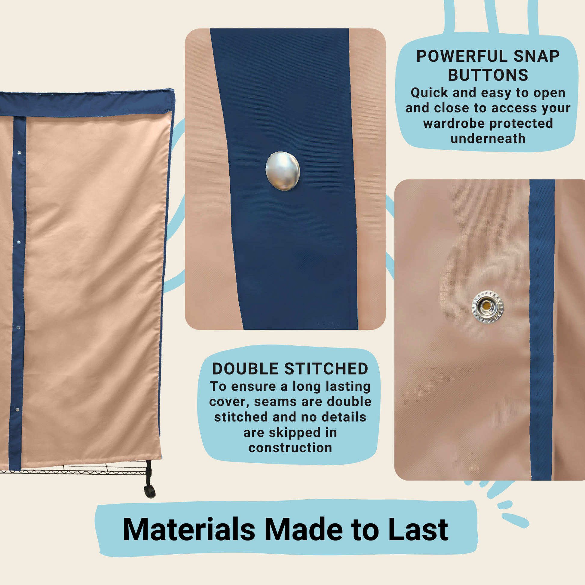 Portable Garment Rack Cover 36"W x 16"D x 76"H Khaki with Dusty Blue Trim.