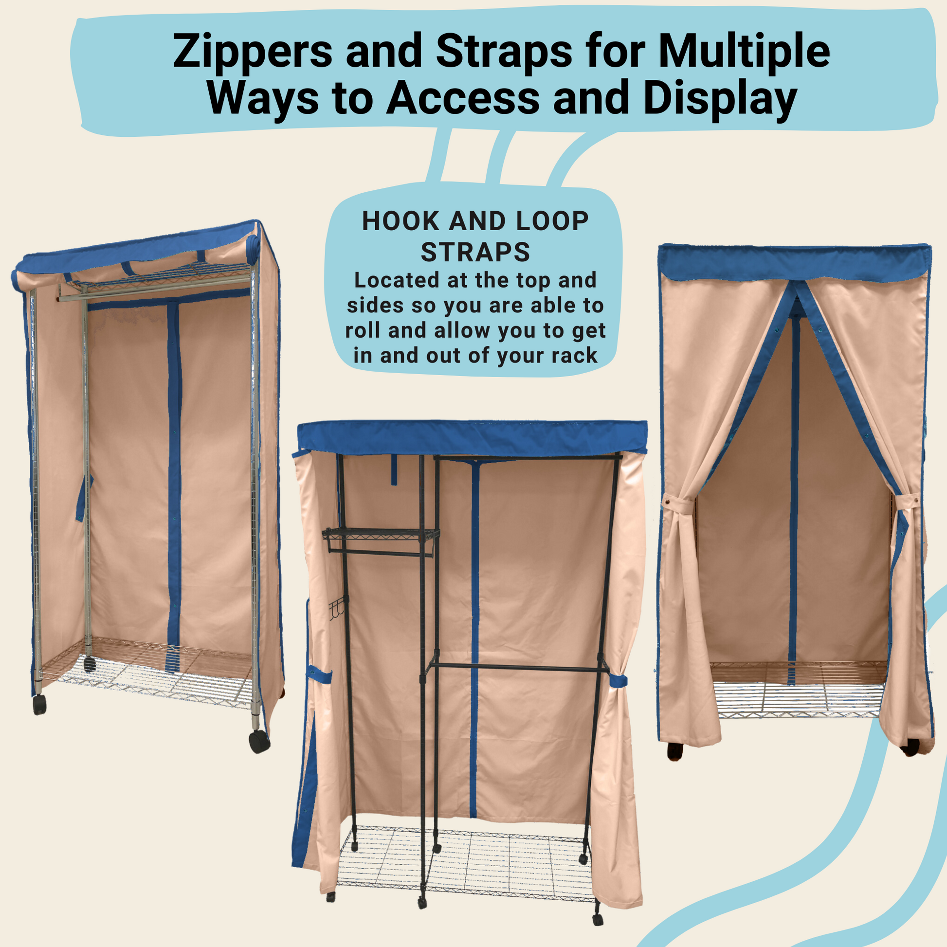 Portable Garment Rack Cover 36"W x 16"D x 76"H Khaki with Dusty Blue Trim.