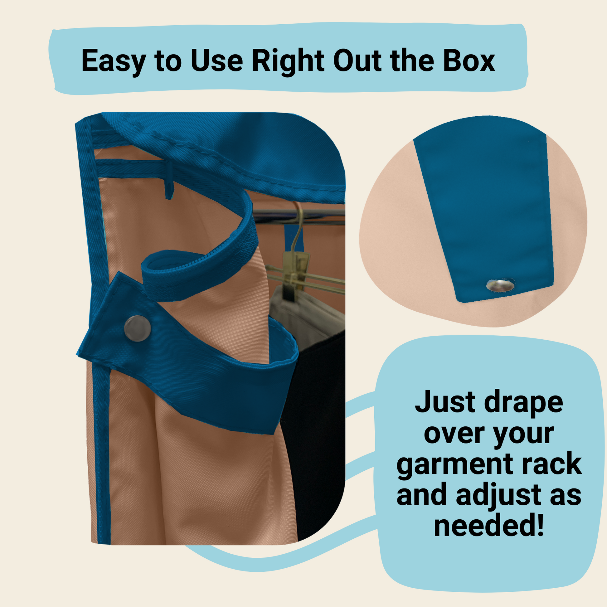 Portable Garment Rack Cover 36"W x 16"D x 76"H Khaki with Dusty Blue Trim.