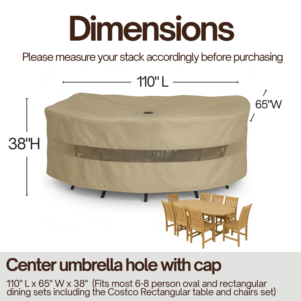 Premium Tight Weave 110"L x 65"'W x 38"H Oval / Rectangular Table Chairs Set Cover