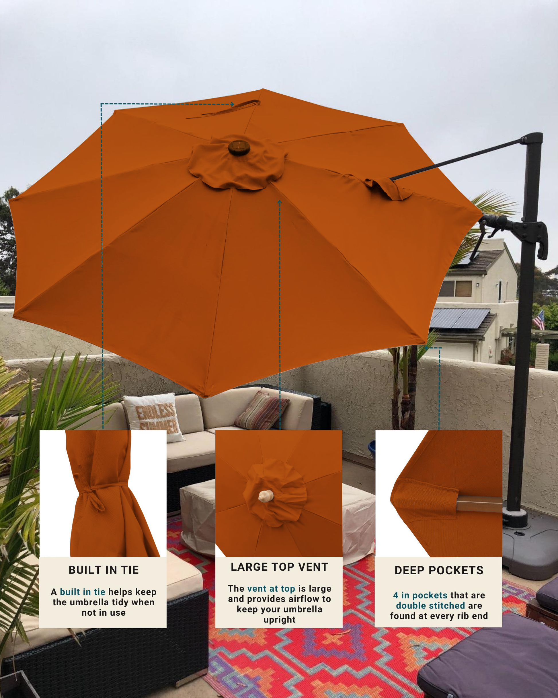 11ft Cantilever Supported Bar Umbrella 8 Rib Replacement Canopy Tuscan Orange.