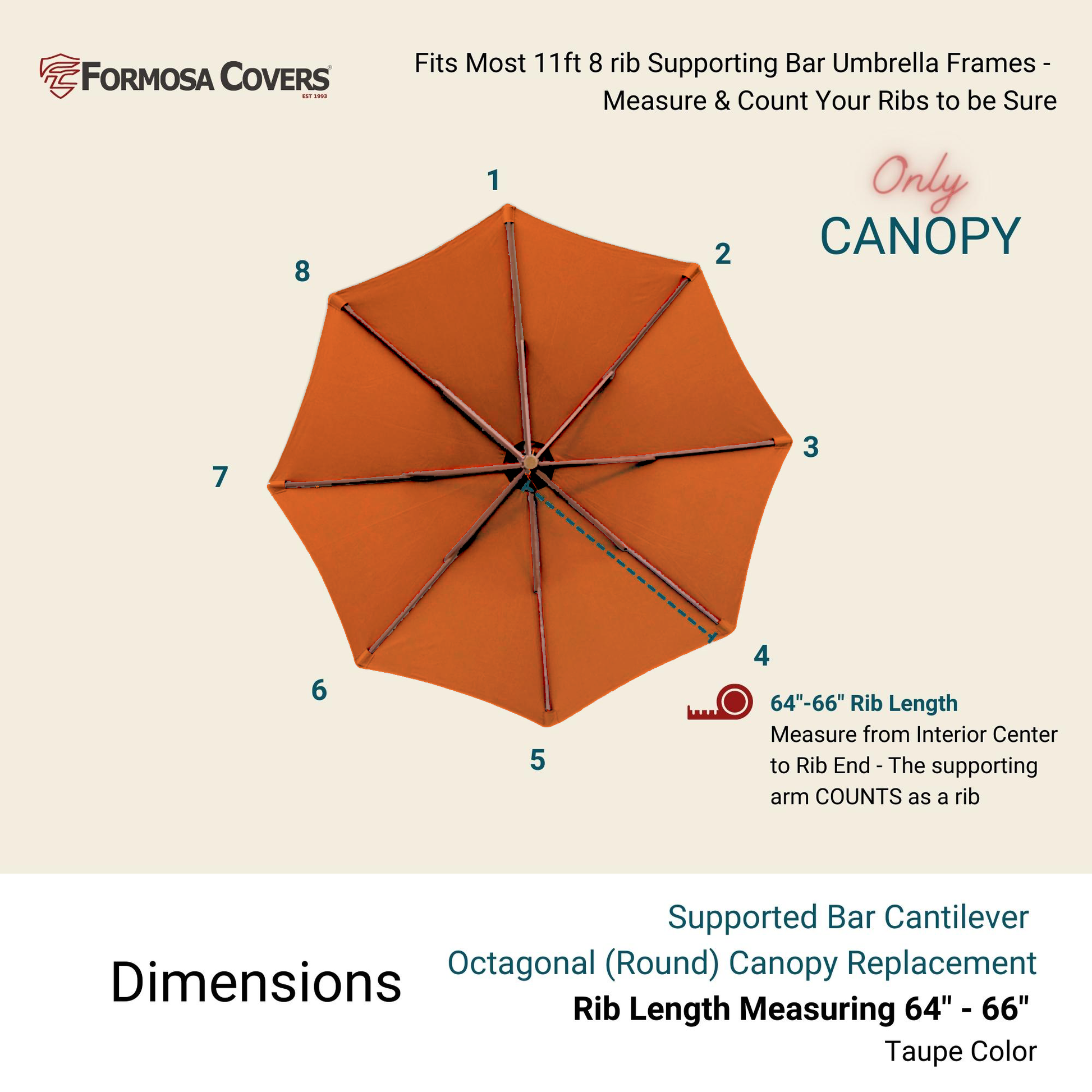 11ft Cantilever Supported Bar Umbrella 8 Rib Replacement Canopy Tuscan Orange.