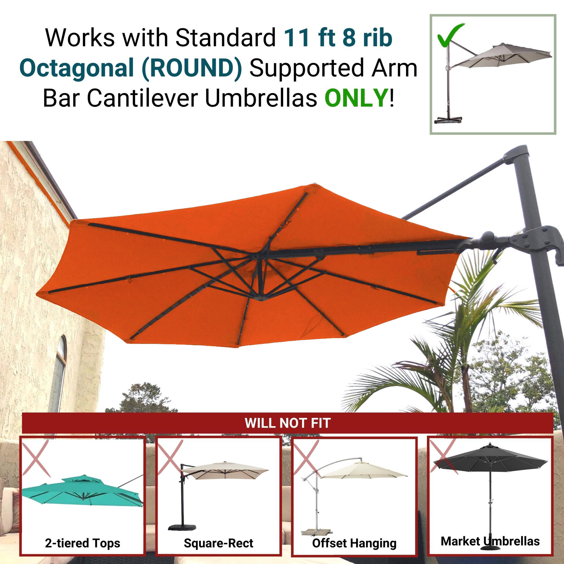 11ft Cantilever Supported Bar Umbrella 8 Rib Replacement Canopy Tuscan Orange.
