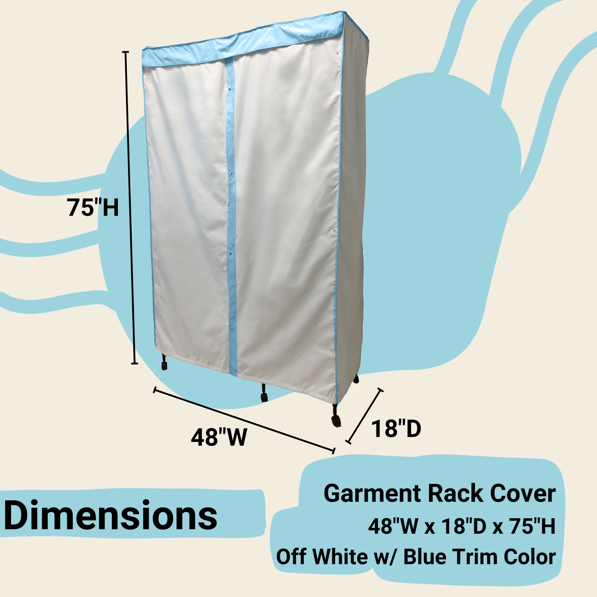 Portable Garment Rack Cover 48"W x 18"D x 75"H Off-White with Blue Trim