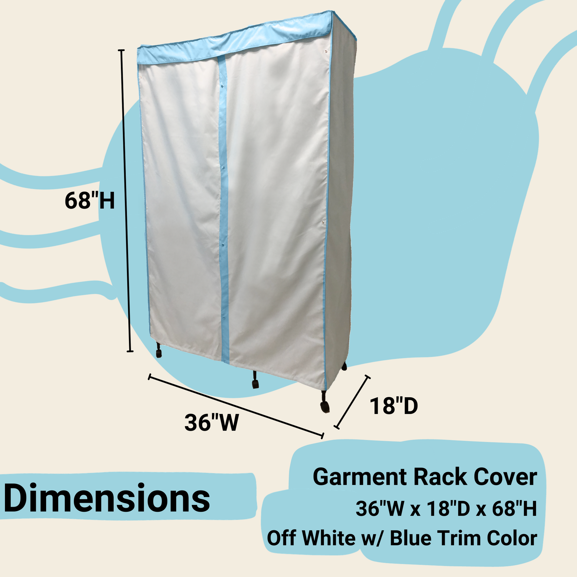 Portable Garment Rack Cover 36"W x 18"D x 68"H Off White with Blue Trim