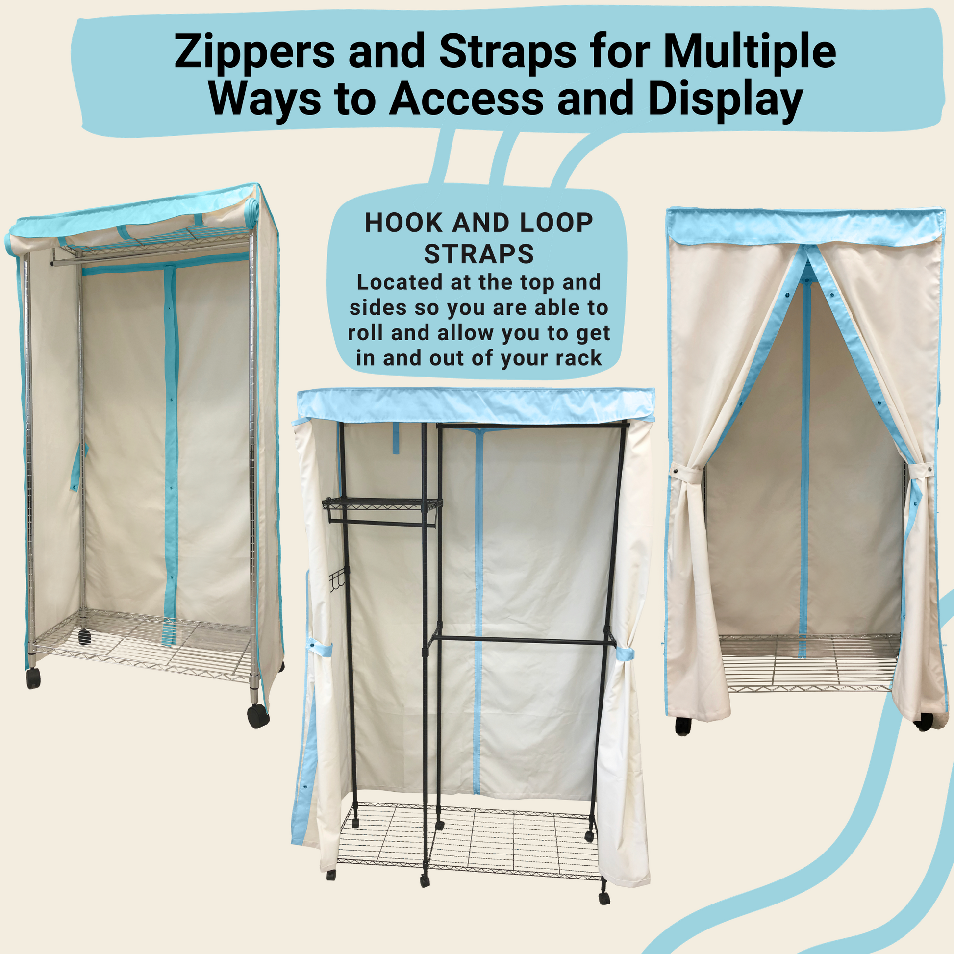 Portable Garment Rack Cover 48"W x 18"D x 75"H Off-White with Blue Trim