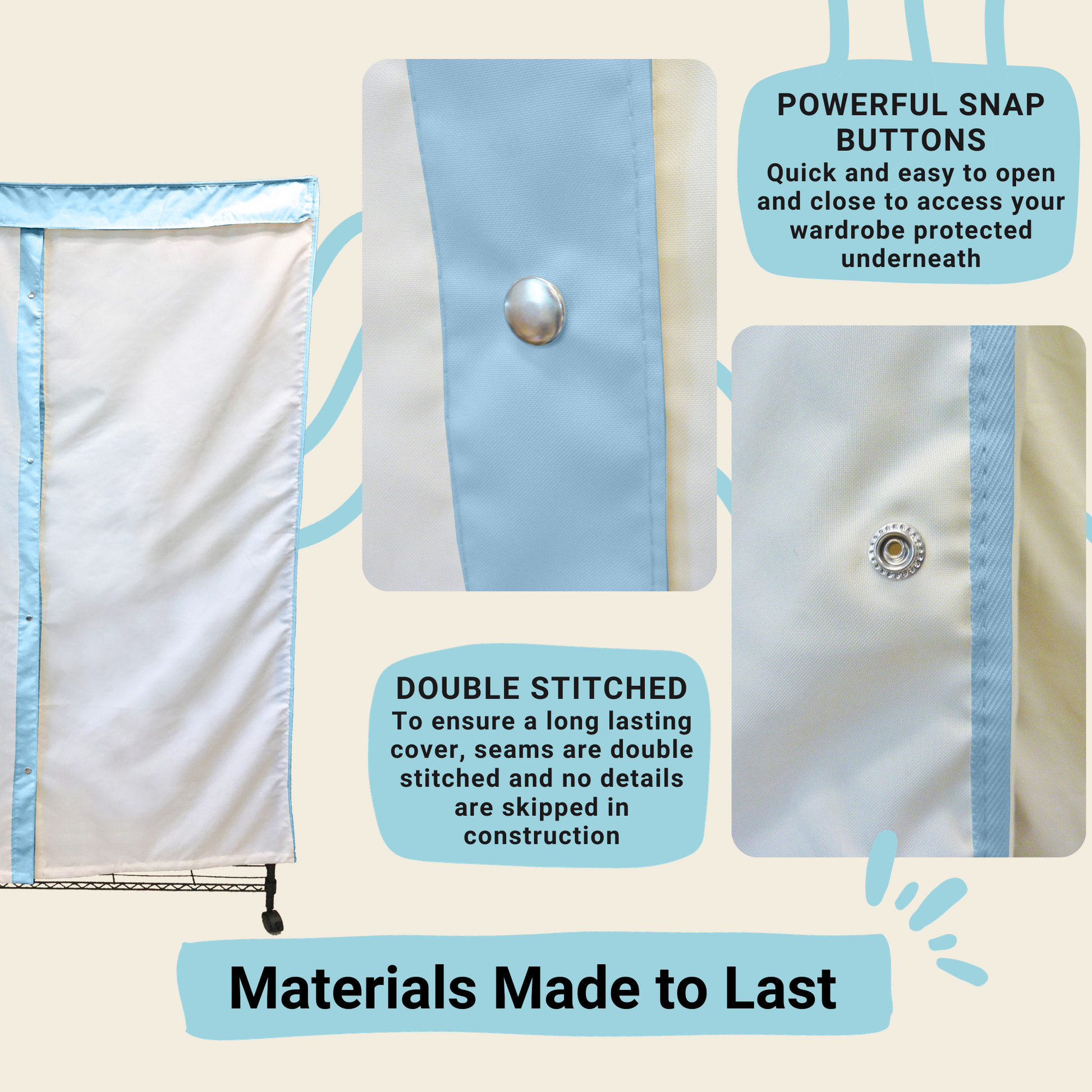 Portable Garment Rack Cover 48"W x 18"D x 75"H Off-White with Blue Trim