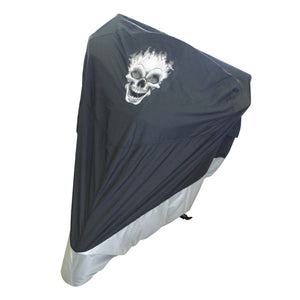 deluxe-light-weight-black-motorcycle-cover-flaming-skull-logo