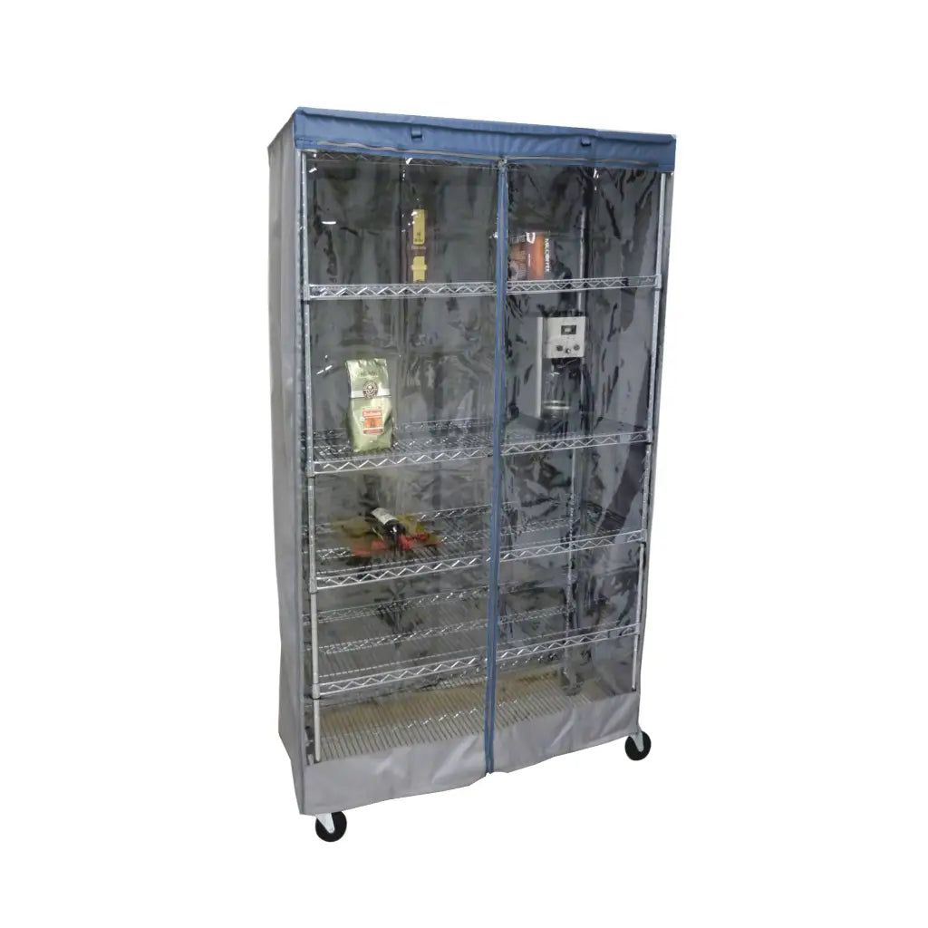 Storage Shelving Unit Cover, fits racks 48"W x 18"D x 72"H one side see through panel in Grey and Dusty Blue Trim