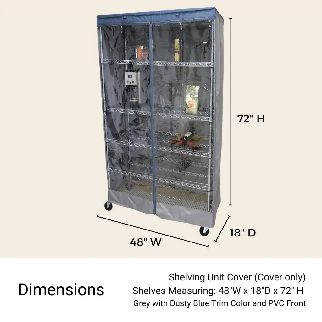 Storage Shelving Unit Cover, fits racks 48"W x 18"D x 72"H one side see through panel in Grey and Dusty Blue Trim