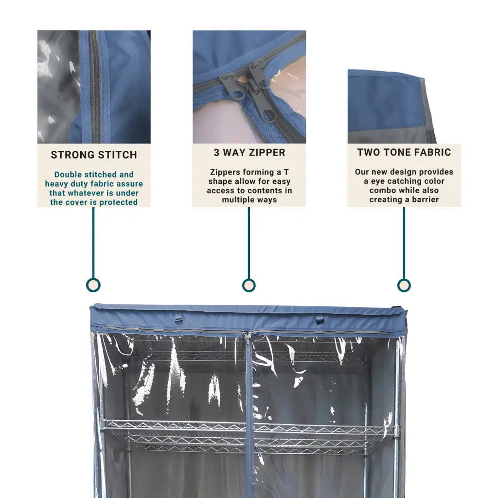 Storage Shelving Unit Cover, fits racks 48"W x 18"D x 72"H one side see through panel in Grey and Dusty Blue Trim