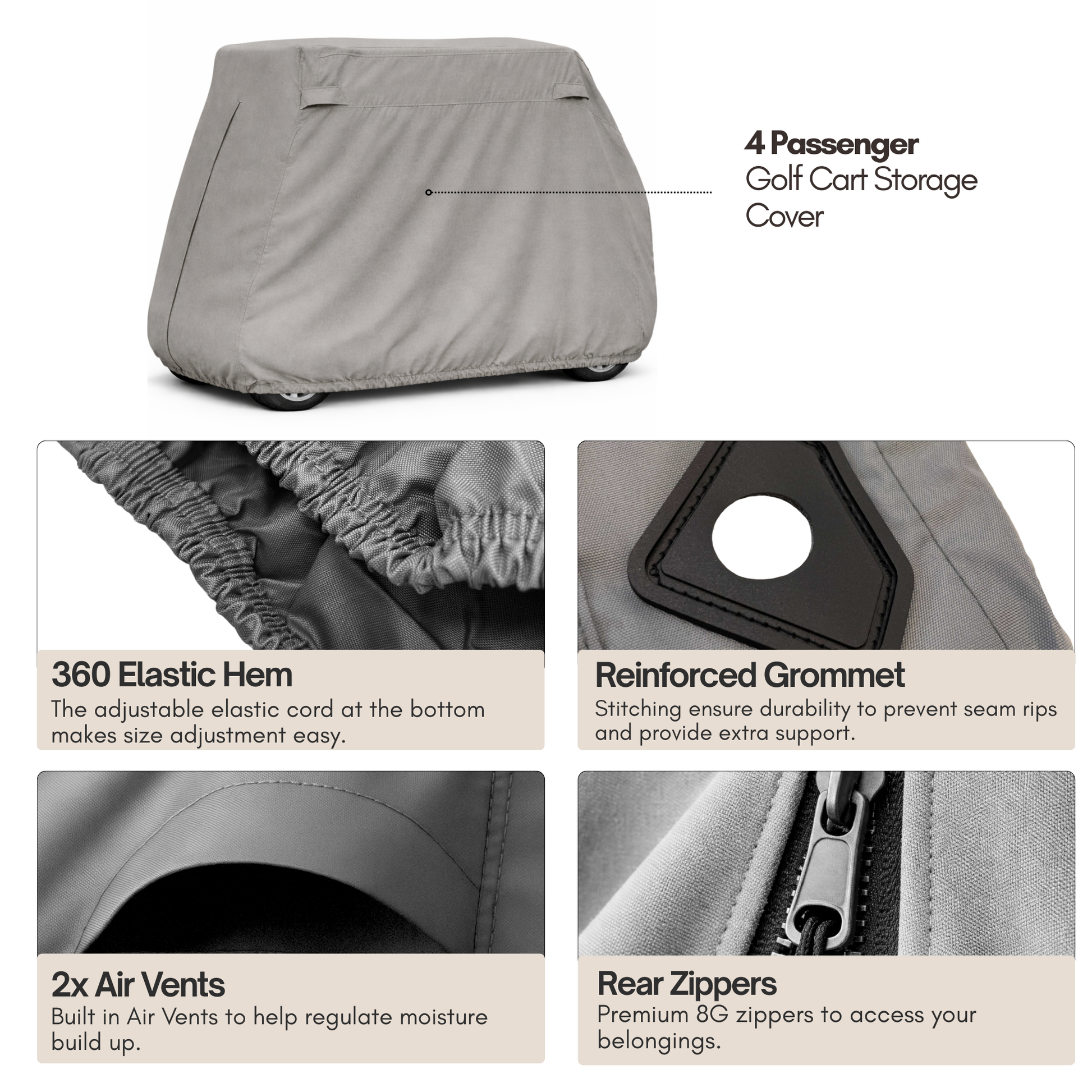 Golf Cart Storage Cover for EZGO, Club Car, Yamaha G (Short Roof, 58"L) - 4 Passenger - Grey