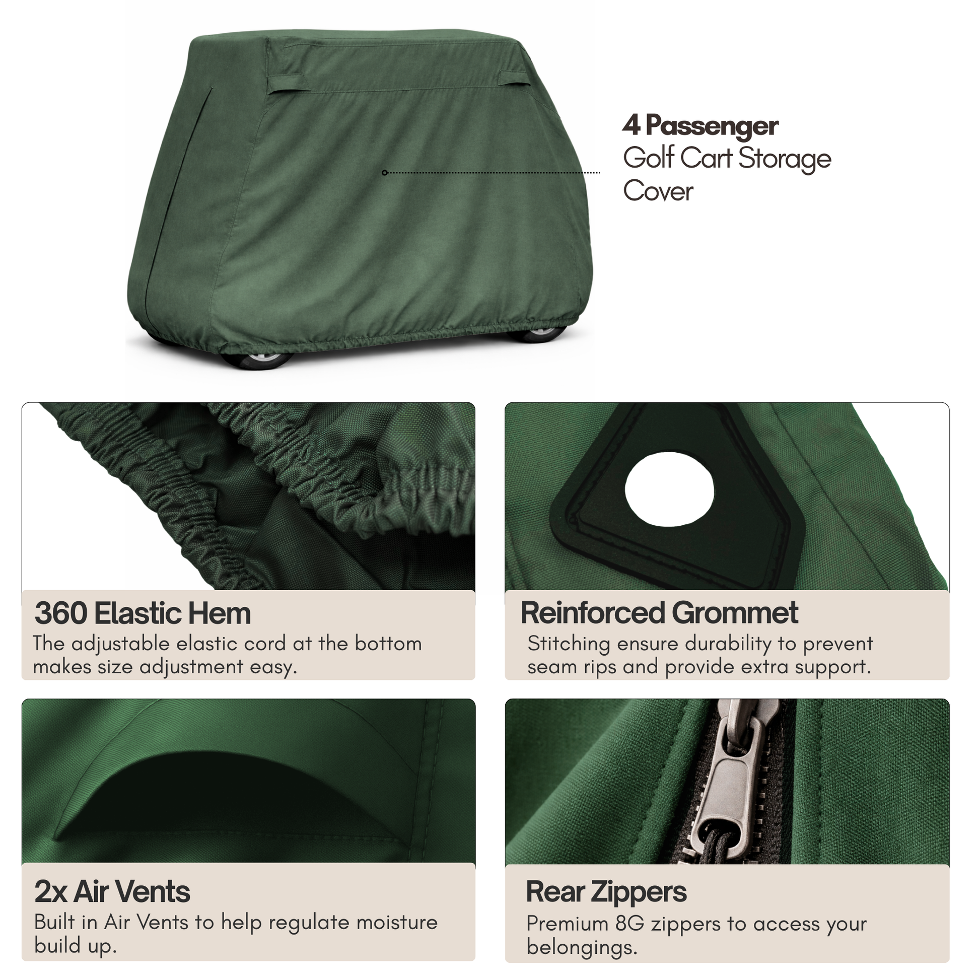 Golf Cart Storage Cover for EZGO, Club Car & Yamaha – Green Heavy-Duty Waterproof UV-Treated Polyester for 2 and 4-Passenger Carts (Fits Roofs 58"–80")