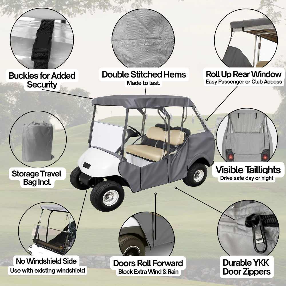 Carrito de golf de techo corto para 4 pasajeros, 58" de largo, 3 lados, cubierta frontal abierta, gris