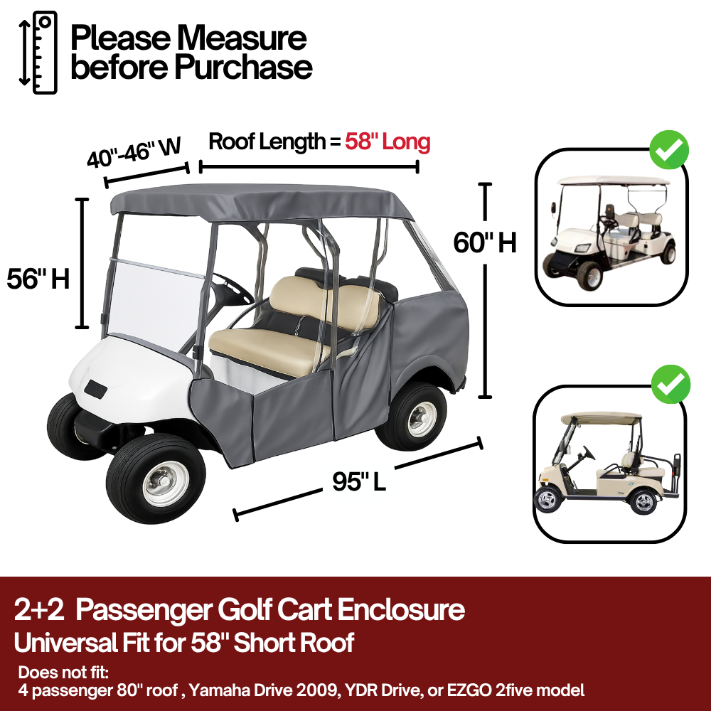 4 Passenger Short Roof 58"L 3 Sides Golf Cart Driving Enclosure Cover Open Front Grey