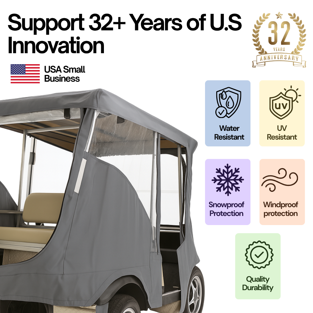 Carrito de golf de techo corto para 4 pasajeros, 58" de largo, 3 lados, cubierta frontal abierta, gris