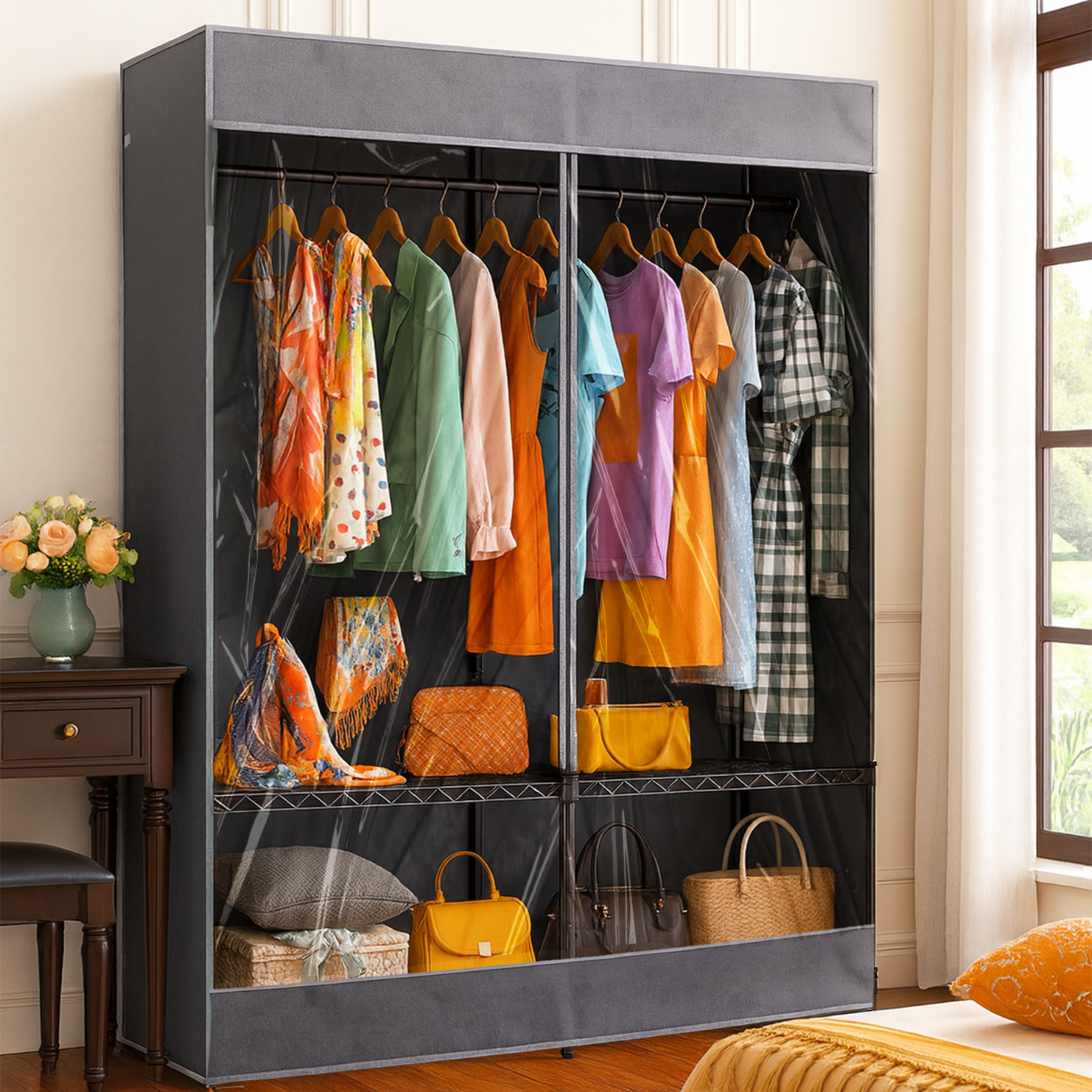 Garment Rack Cover – Protective Fabric Cover for Wire Closet Racks | See-Through & Charcoal Grey | 30-72 inches