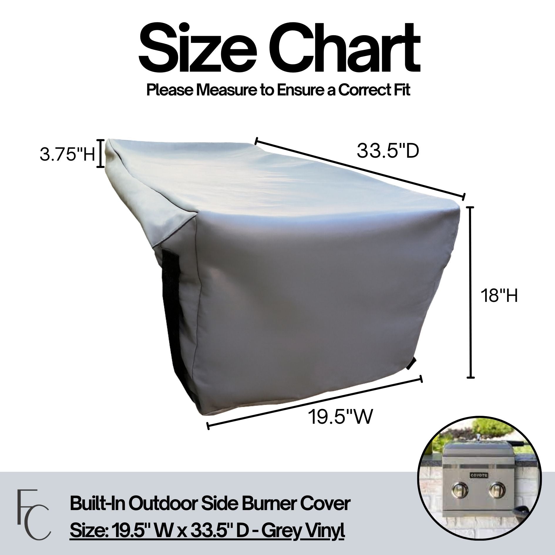 Outdoor Built-In Side Burner Cover for Side Burners up to 13-19 inches Wide - Grey Vinyl