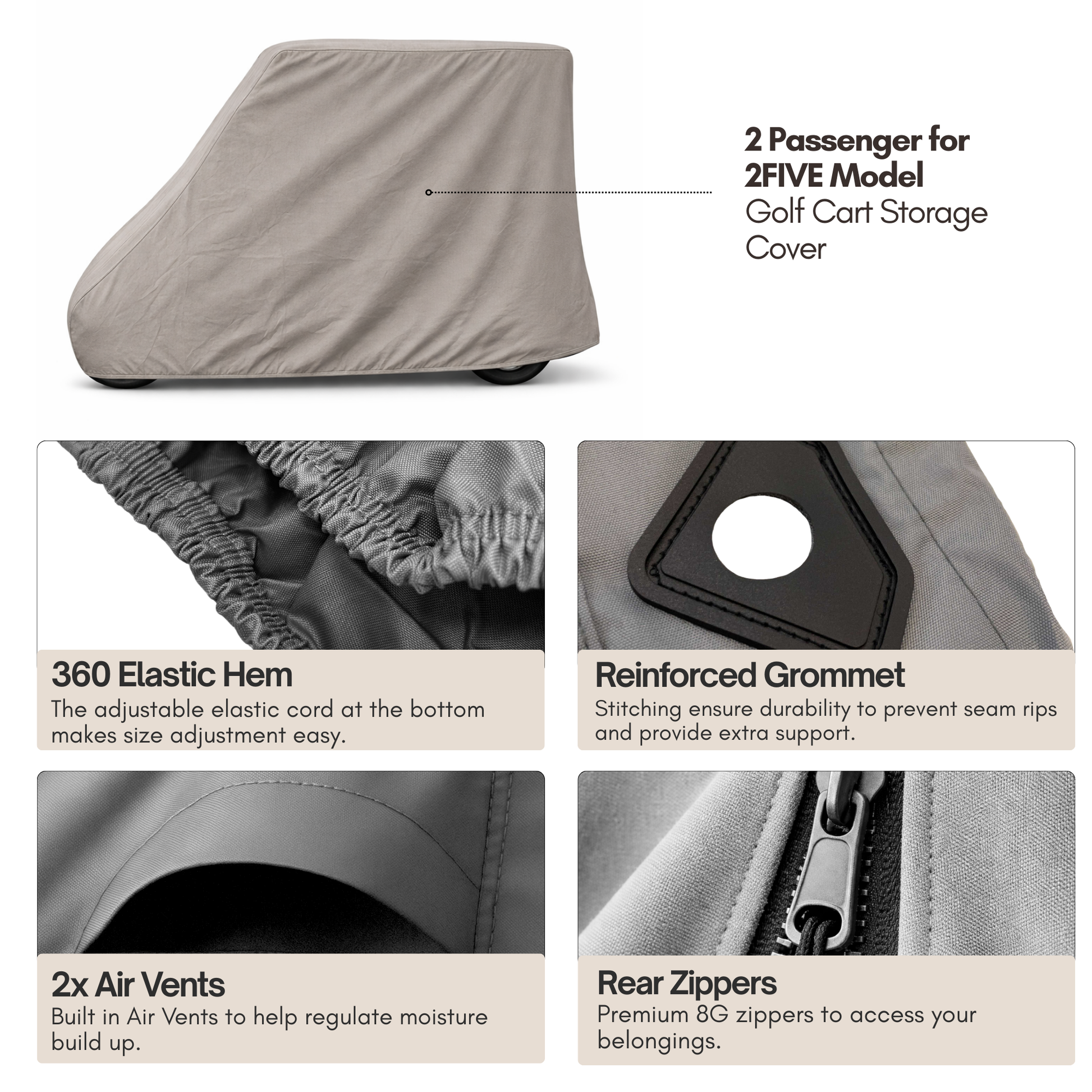 2 Passenger Golf Cart Storage Cover for E-Z-GO 2FIVE in Grey