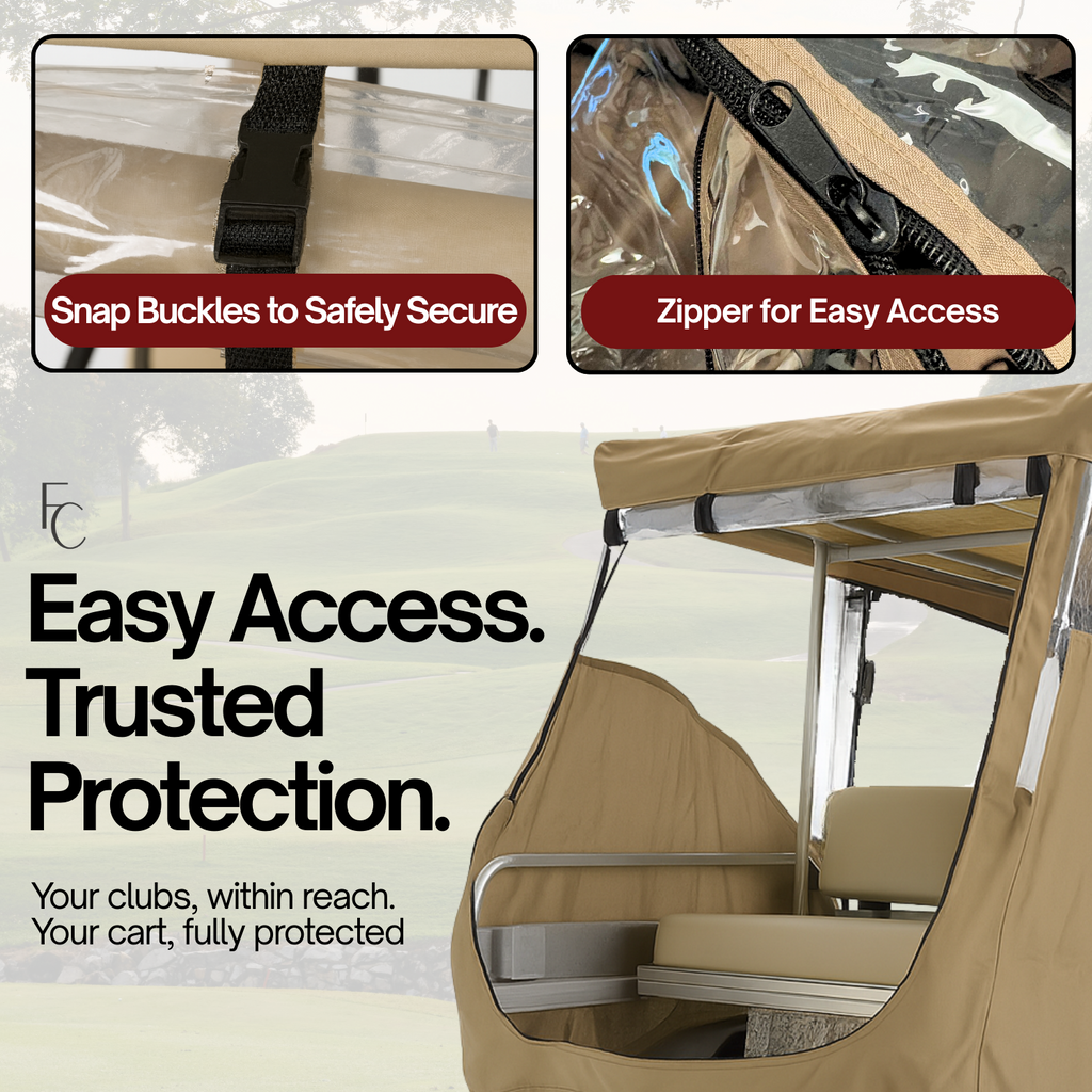 4-Passenger Golf Cart Driving Enclosure for Long Roof up to 80" – Waterproof 600D Polyester All-Weather Cover with Clear Panels and YKK Zippers (Fits EZGO, Club Car, Yamaha)