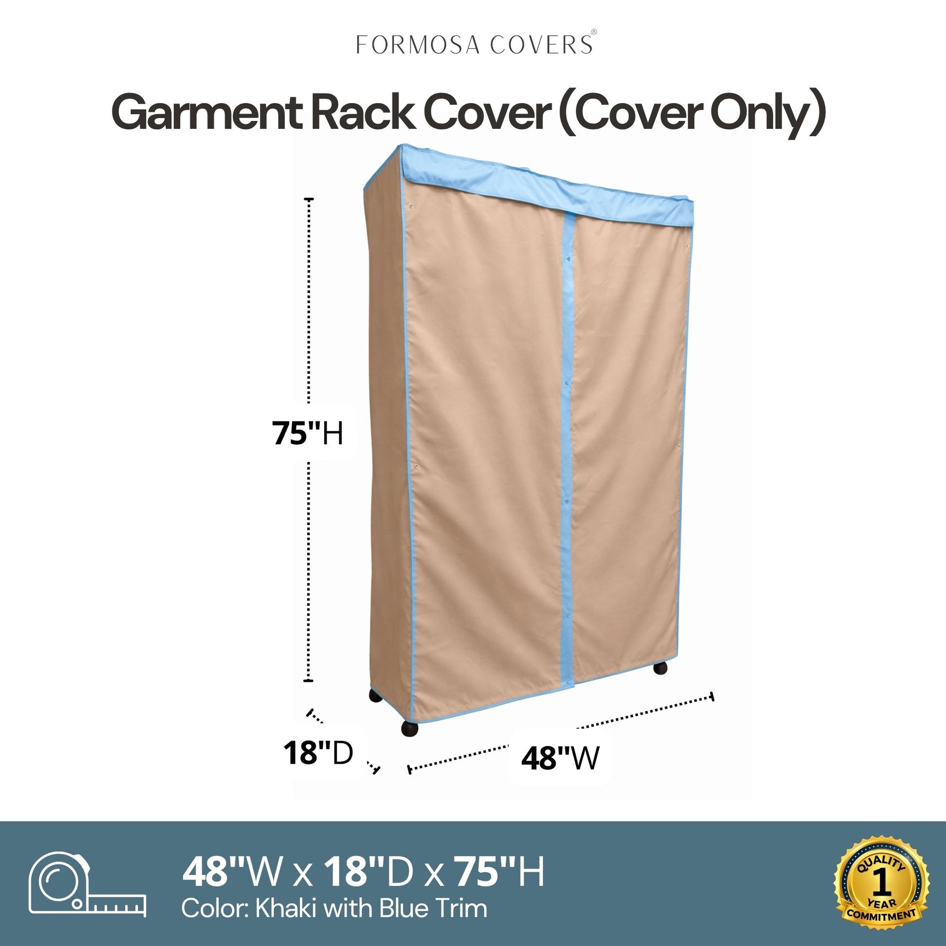 Portable Garment Rack Cover 48"W x 18"D x 75"H Khaki with Blue Trim
