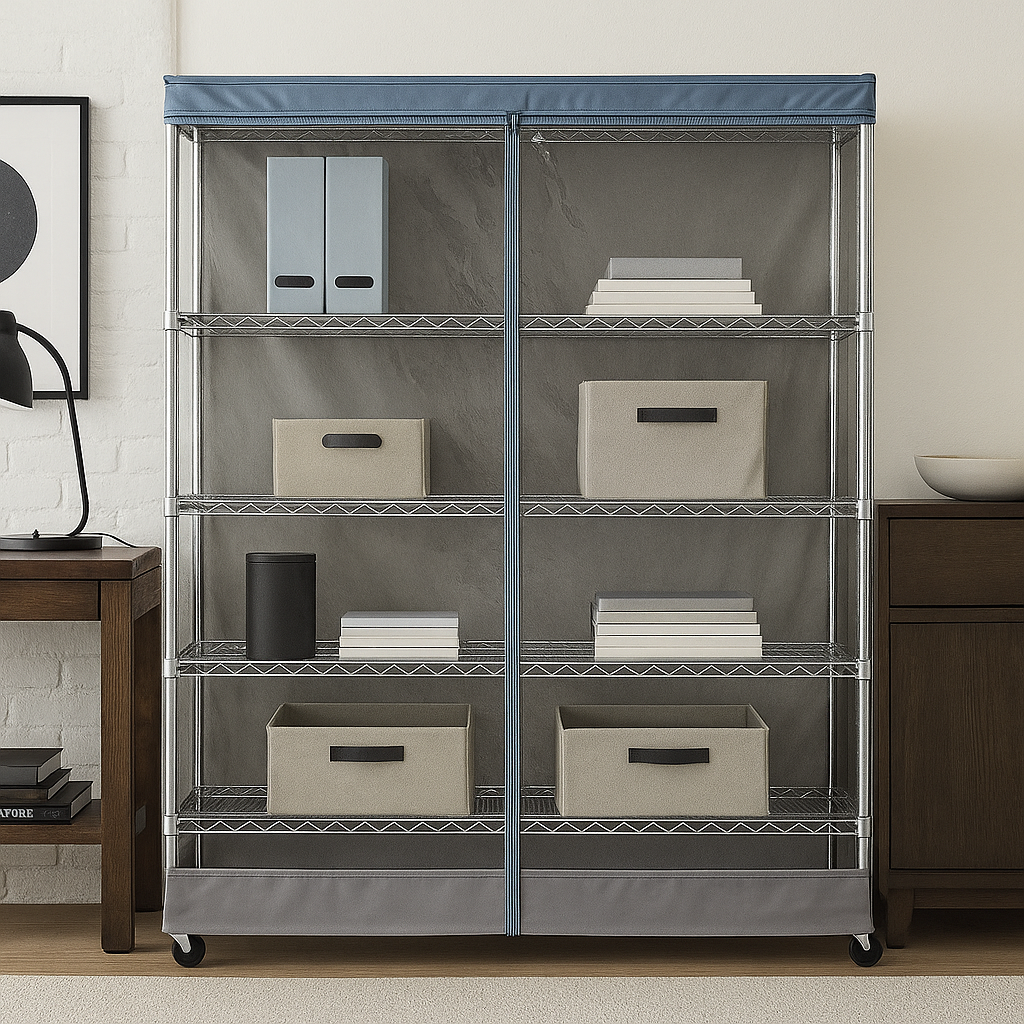 COVER for Storage Shelving Unit | One side PVC panel in Grey and Dusty Blue Trim | Fits 36-60 inches wide.