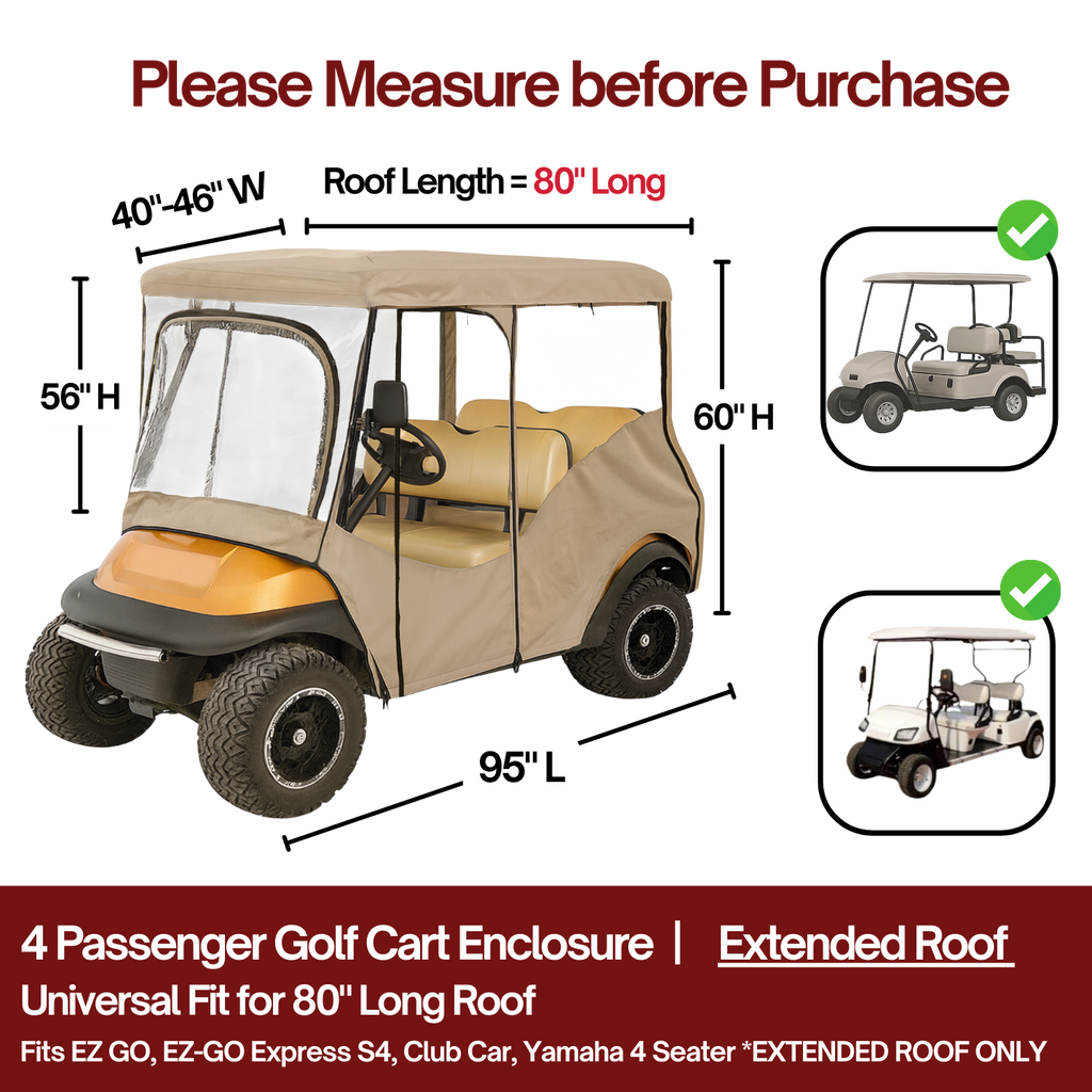 4-Passenger Golf Cart Driving Enclosure for Long Roof up to 80" – Waterproof 600D Polyester All-Weather Cover with Clear Panels and YKK Zippers (Fits EZGO, Club Car, Yamaha)