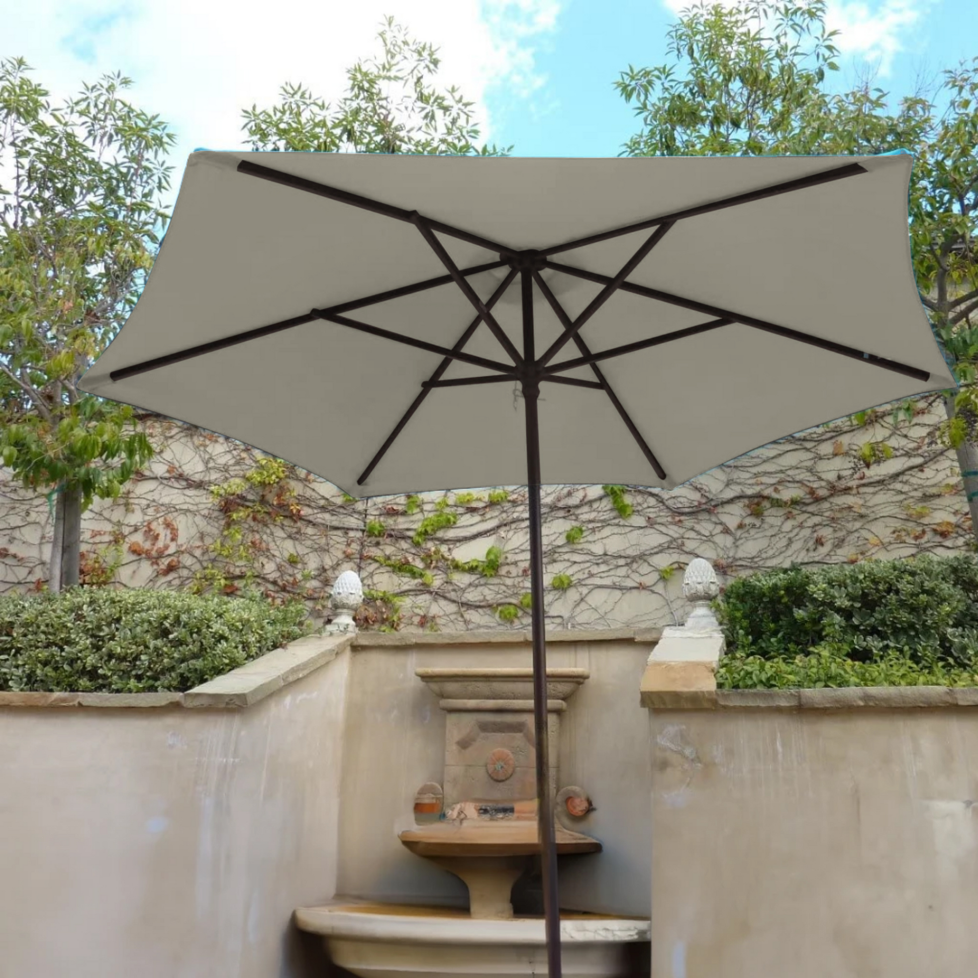 9 ft market patio umbrella in natural 9' Wooden Base sold separately. 9 Ft. Bamboo Market Seagrass