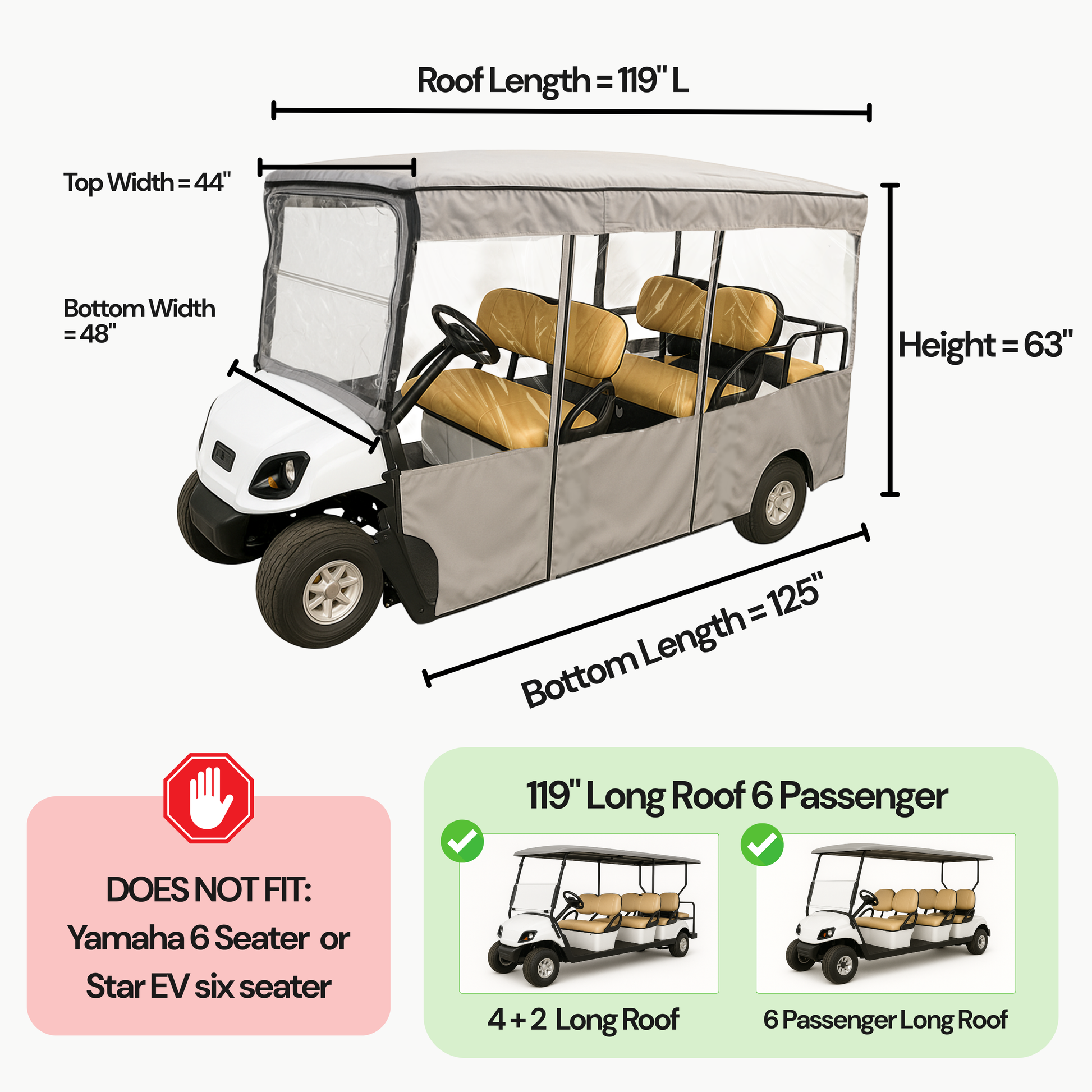 Golf Cart Driving Enclosure Cover for EZGO, Club Car, Yamaha G - 6 Passenger Carts,  4 + 2 Bench Model