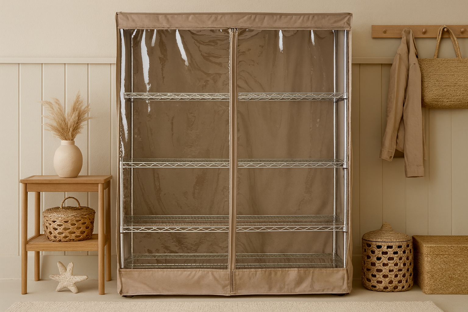 Brown fabric-covered wardrobe with metal shelves in a room setting.
