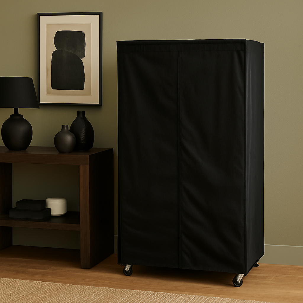 BLACK FULL FABRIC GARMENT WIRE RACK SHELVING COVER  IN LIVING ROOM 