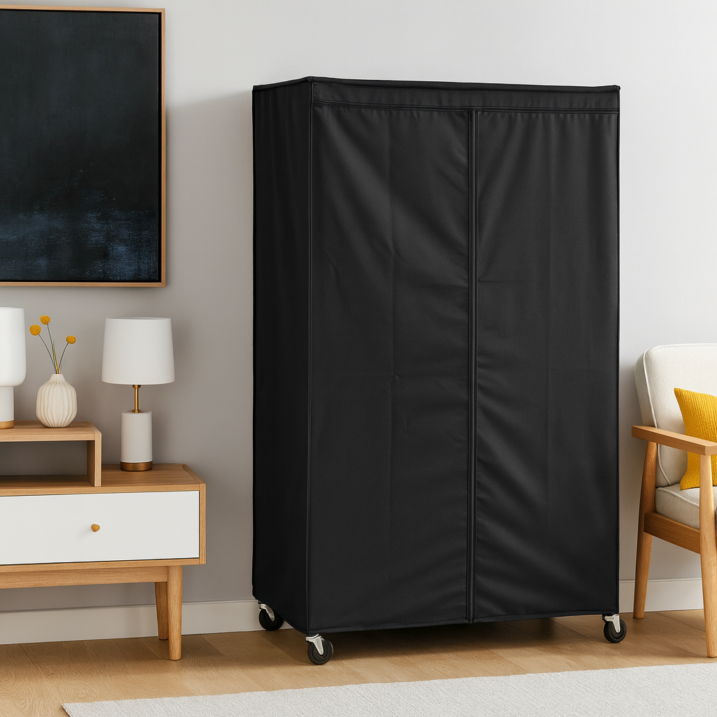 BLACK FULL FABRIC GARMENT WIRE RACK SHELVING COVER 
