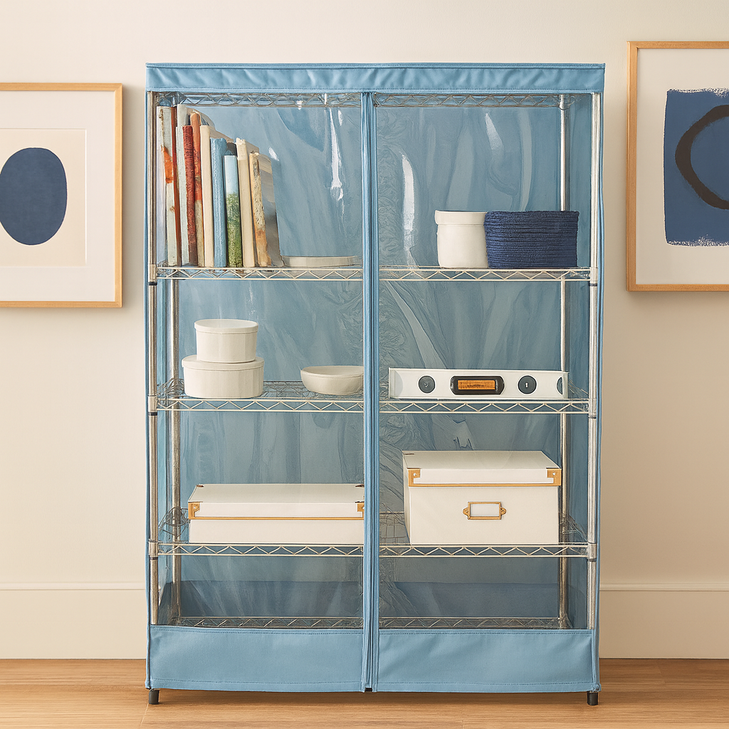 BLUE PVC FRONT PANEL SHELVIGN RACK COVER and shelves filled with items in a room with framed artwork on the wall.

