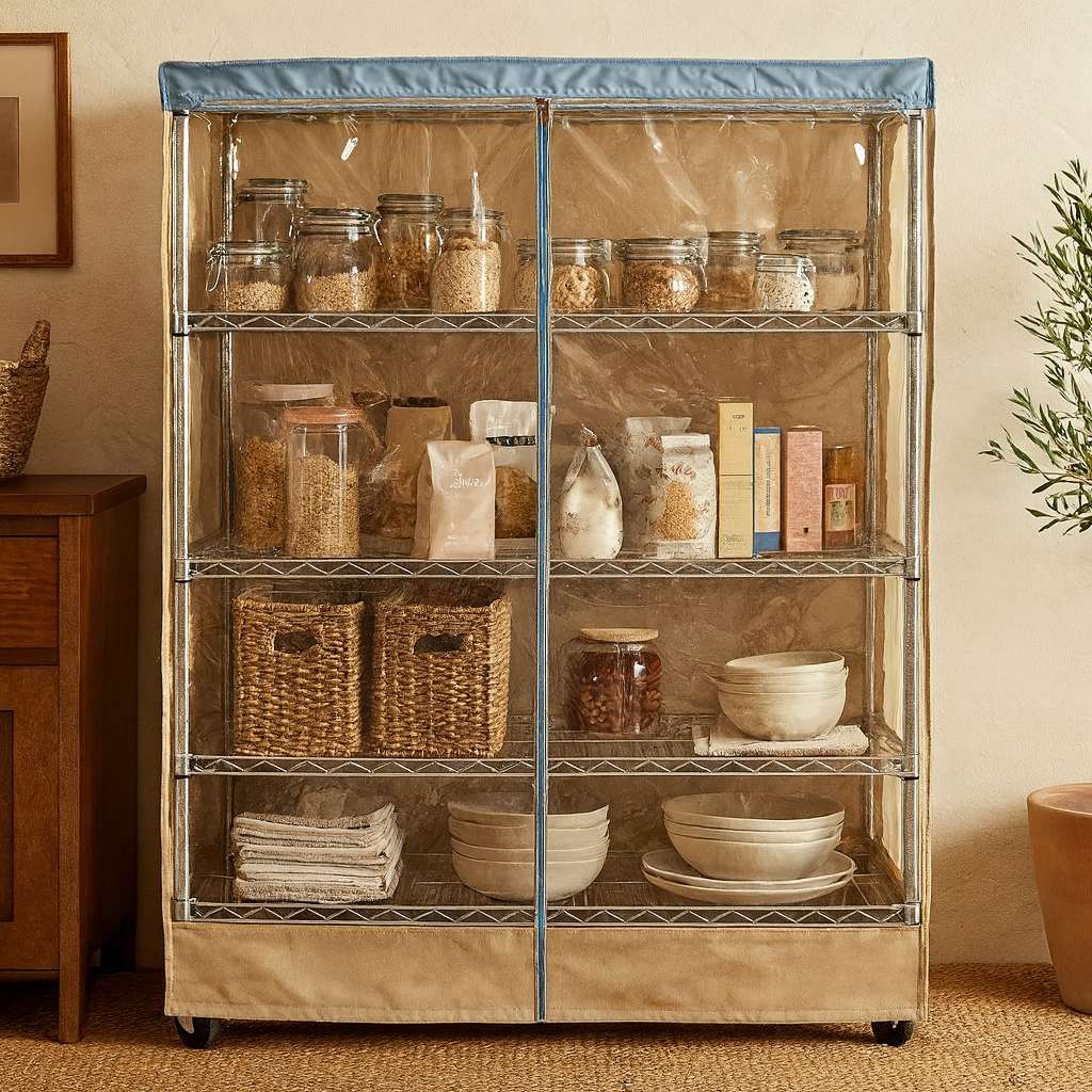 COVER for Storage Shelving Unit | PVC panel in Beige Khaki and Blue Trim