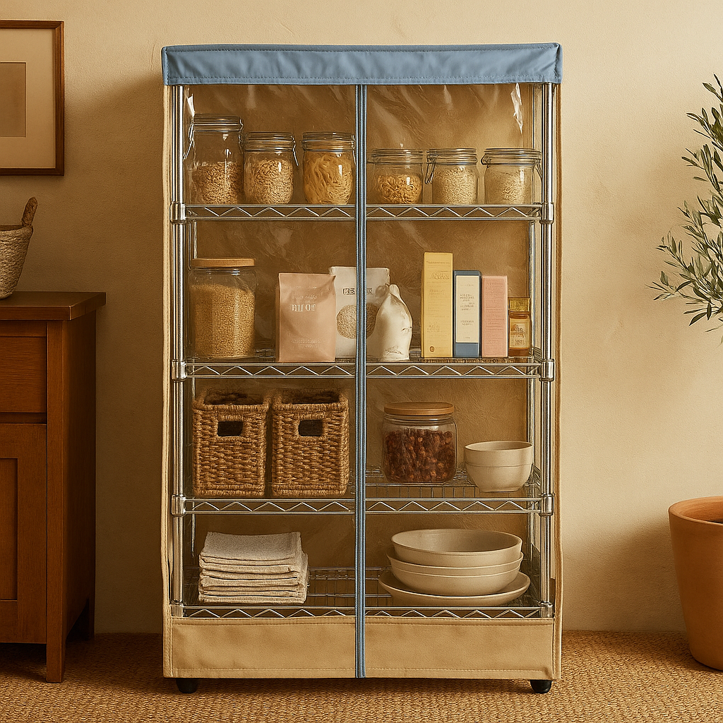 COVER for Storage Shelving Unit | PVC panel in Beige Khaki and Blue Trim