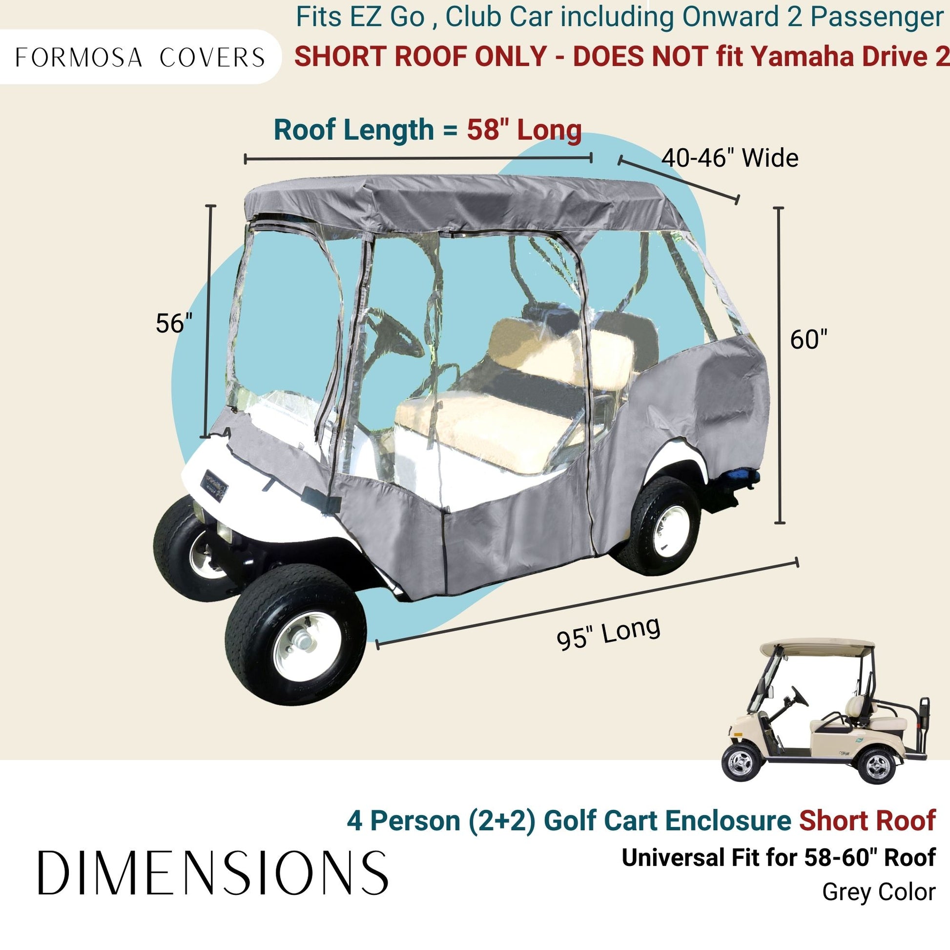 4 Passenger Golf Cart Driving Enclosure Cover (2+2 Passenger Short Roof 58") Grey - 2024 Version