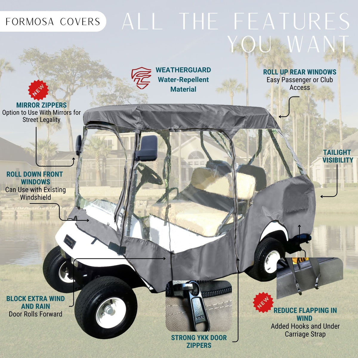 4 Passenger Golf Cart Driving Enclosure Cover (2+2 Passenger Short Roof 58") Grey - 2024 Version.