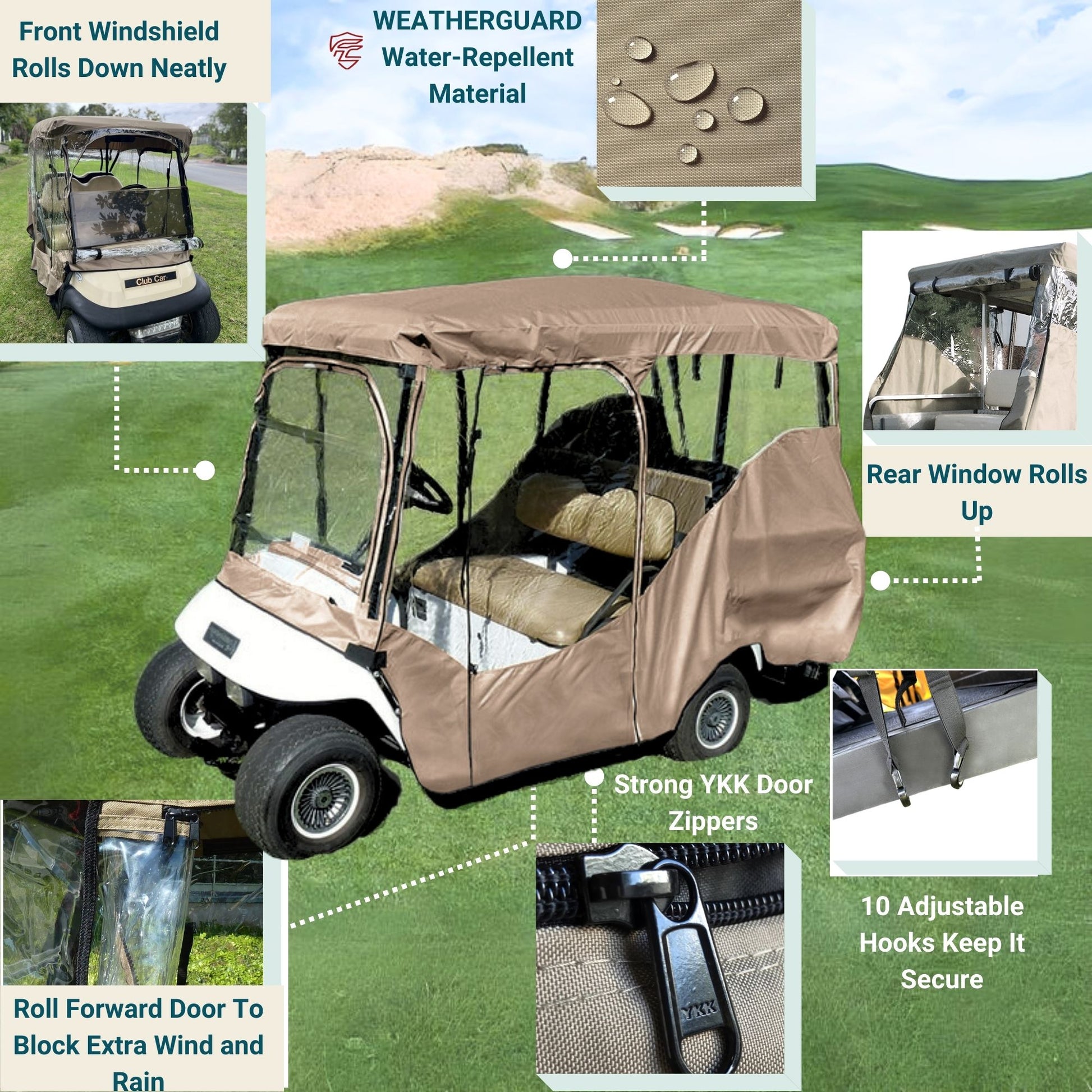 Golf Cart Driving Enclosure Cover for EZGO, Club Car, Yamaha G (Long Roof, 80"L) - 4 Passenger