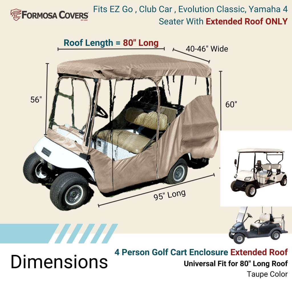 Golf Cart Driving Enclosure Cover for EZGO, Club Car, Yamaha G (Long Roof, 80"L) - 4 Passenger