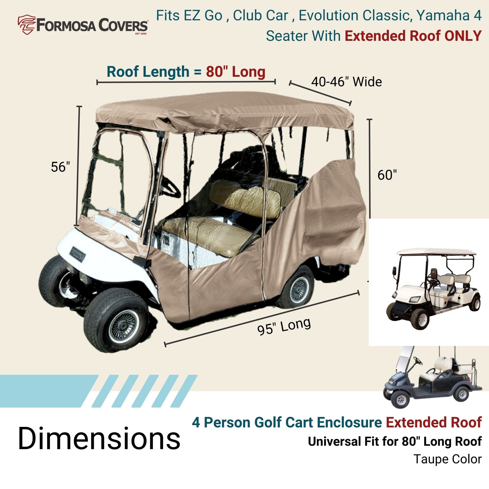 Golf Cart Driving Enclosure Cover for EZGO, Club Car, Yamaha G (Long Roof, 80"L) - 4 Passenger