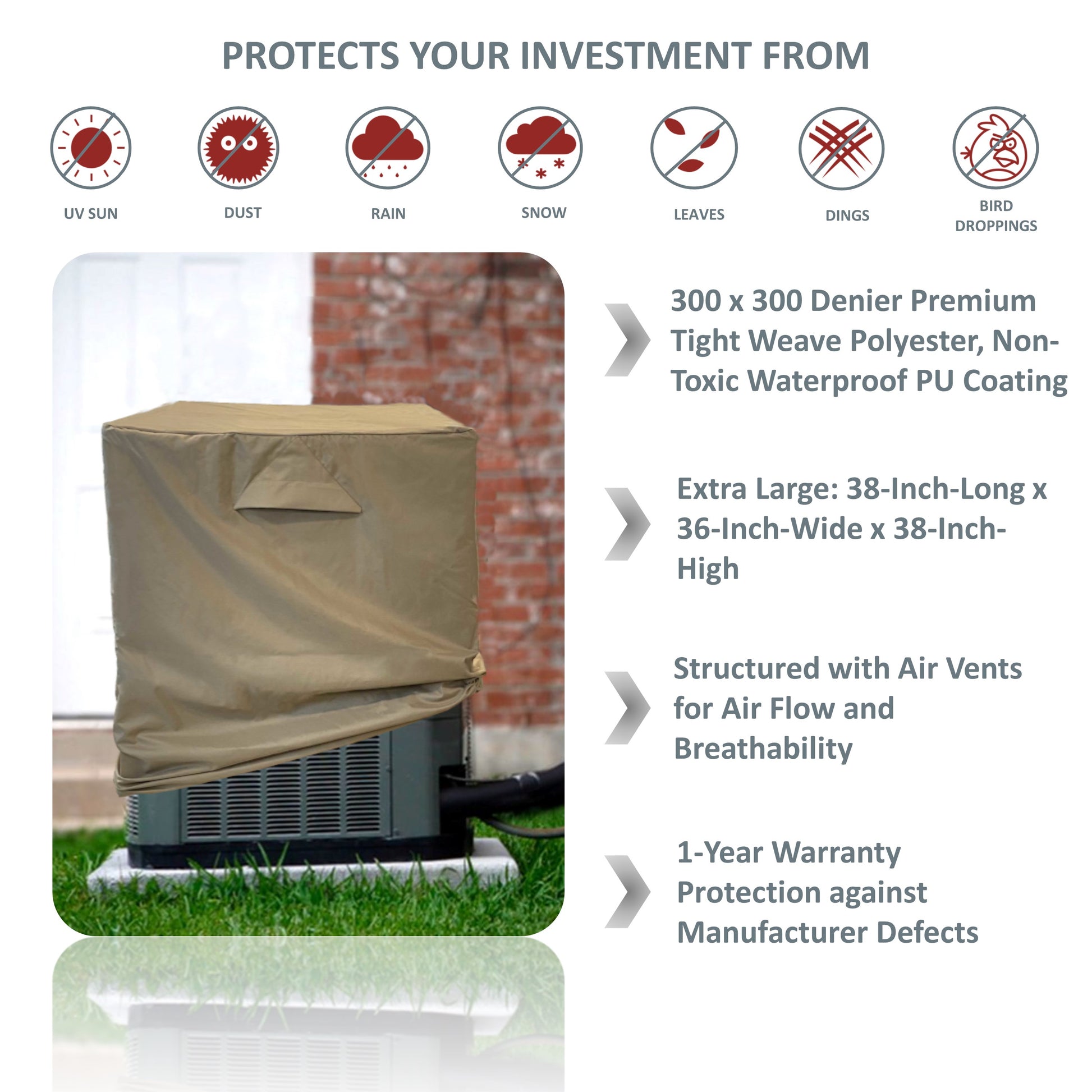 Rectangular Outdoor Air Conditioner Cover - All Weather AC Unit Cover - Extra Large - 38"L x 36"W x 38"H