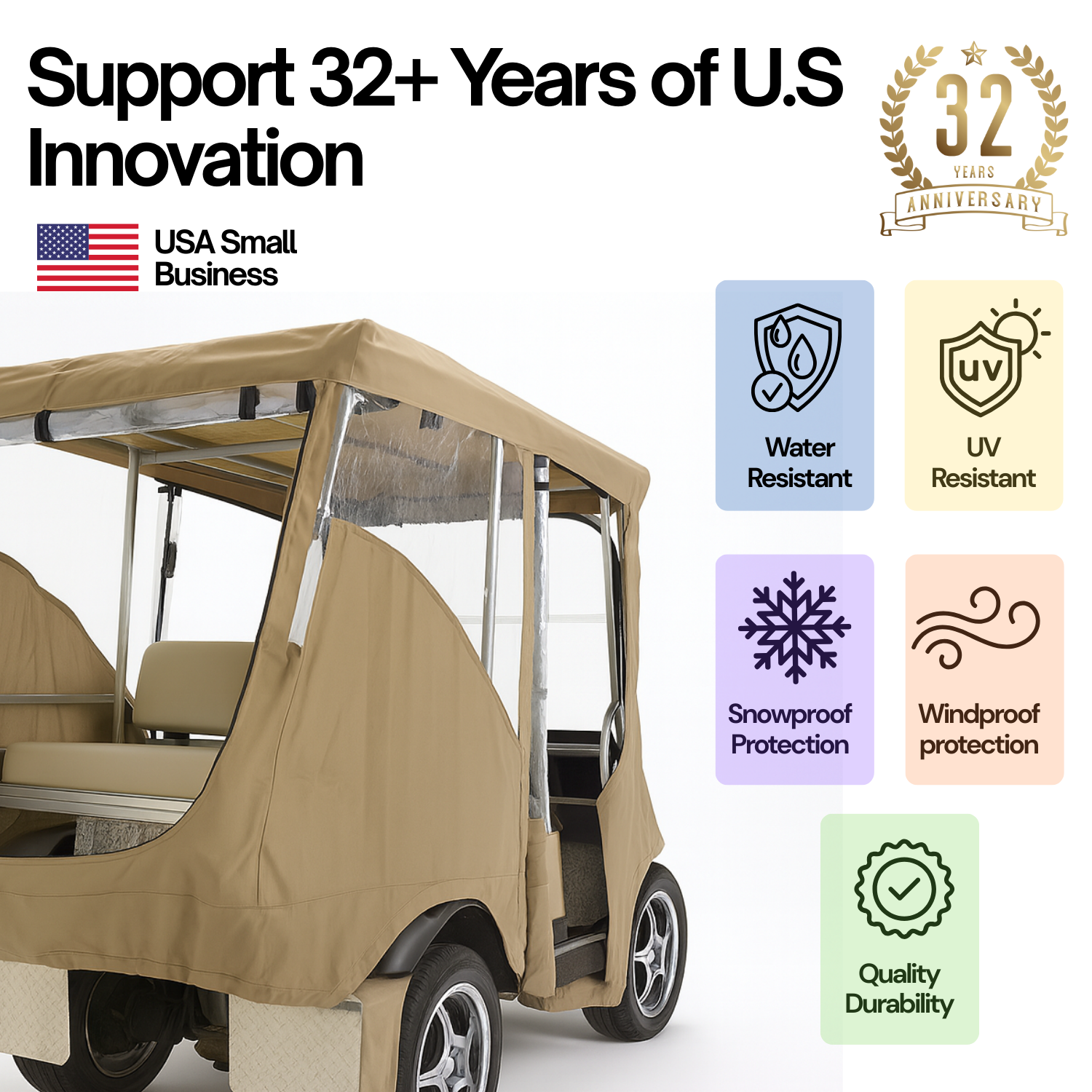 4-Passenger Golf Cart Driving Enclosure for Long Roof up to 80" – Waterproof 600D Polyester All-Weather Cover with Clear Panels and YKK Zippers (Fits EZGO, Club Car, Yamaha)