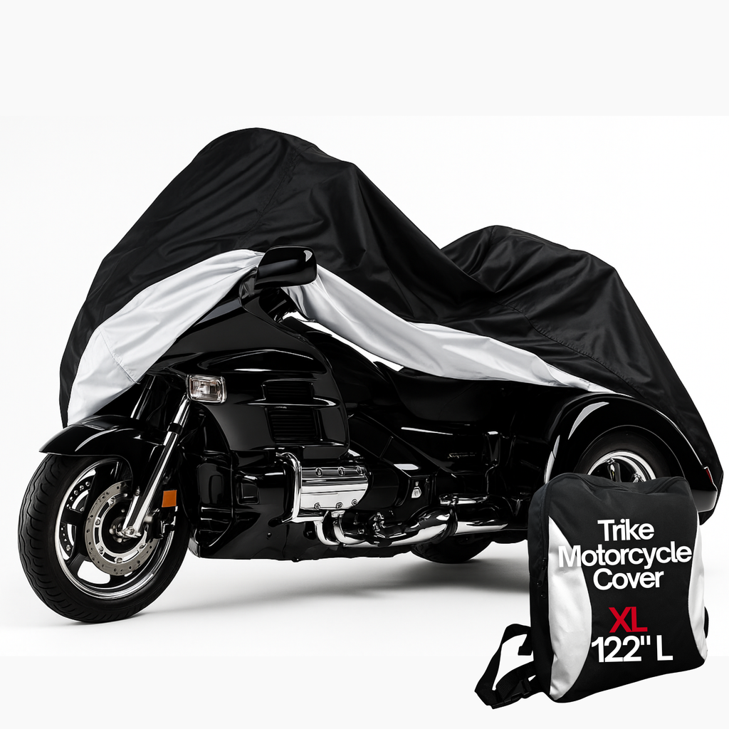 Premium Trike Motorcycle Cover – Heavy-Duty 300D Waterproof UV-Treated Cover with Heat-Resistant Thermo-Guard & Clamshell Vents – Fits Most 3-Wheel Trikes up to 122"