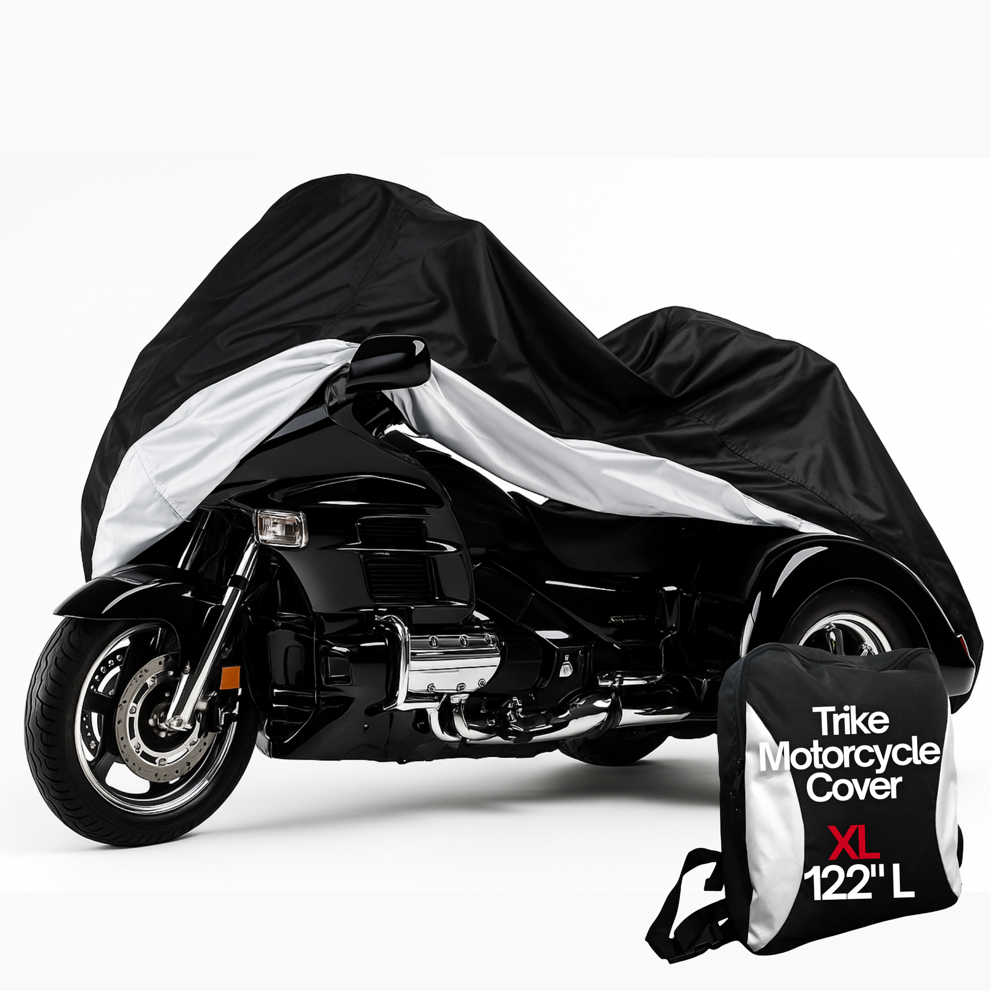 Premium Trike Motorcycle Cover – Heavy-Duty 300D Waterproof UV-Treated Cover with Heat-Resistant Thermo-Guard & Clamshell Vents – Fits Most 3-Wheel Trikes up to 122"